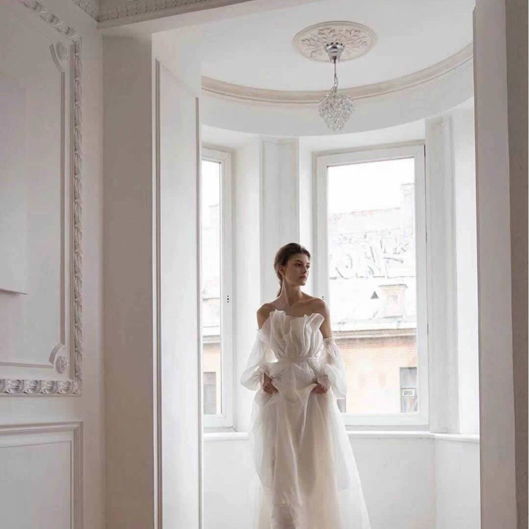 White Sculptural Off-the-Shoulder Gown Dress