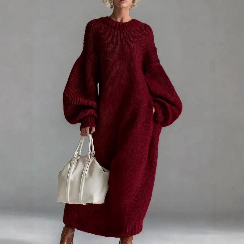 Oversized Balloon-Sleeve Maxi Knit Dress | Heavyweight Bouclé Texture