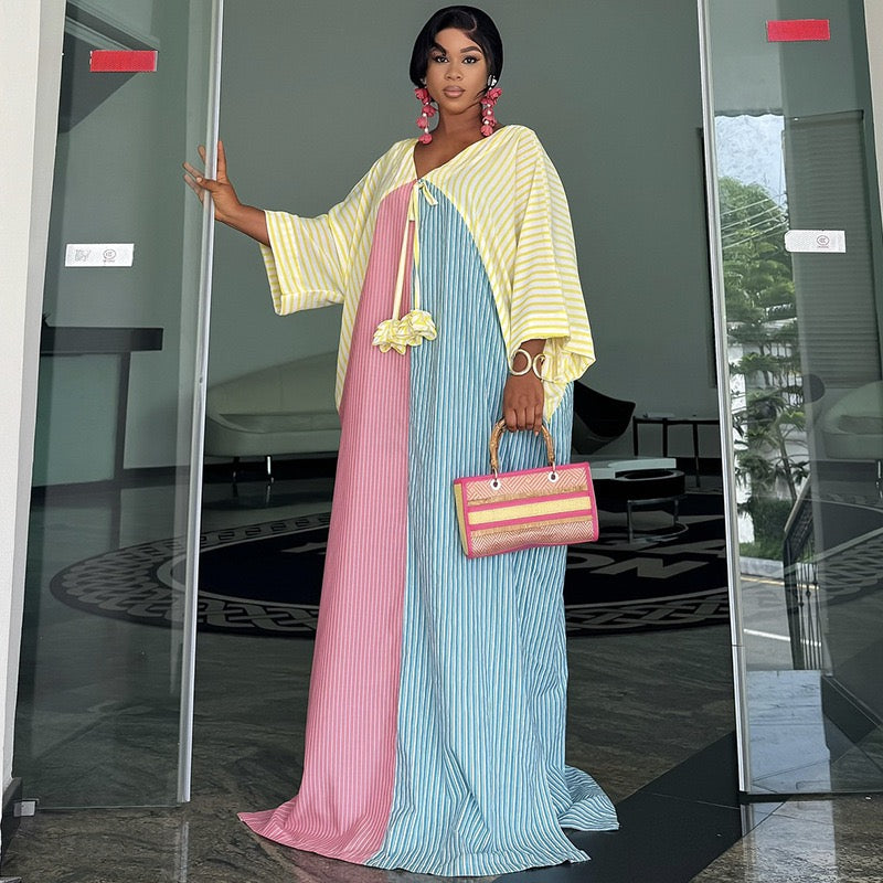 Blue & Pink Striped Kaftan Dress