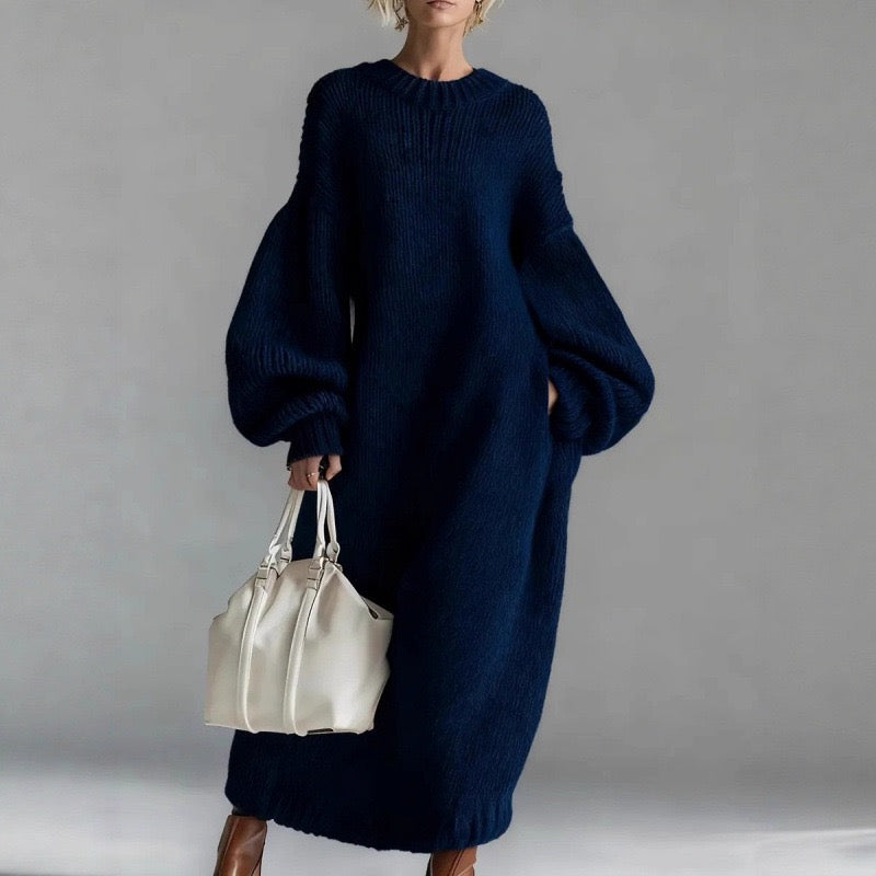 Oversized Balloon-Sleeve Maxi Knit Dress | Heavyweight Bouclé Texture
