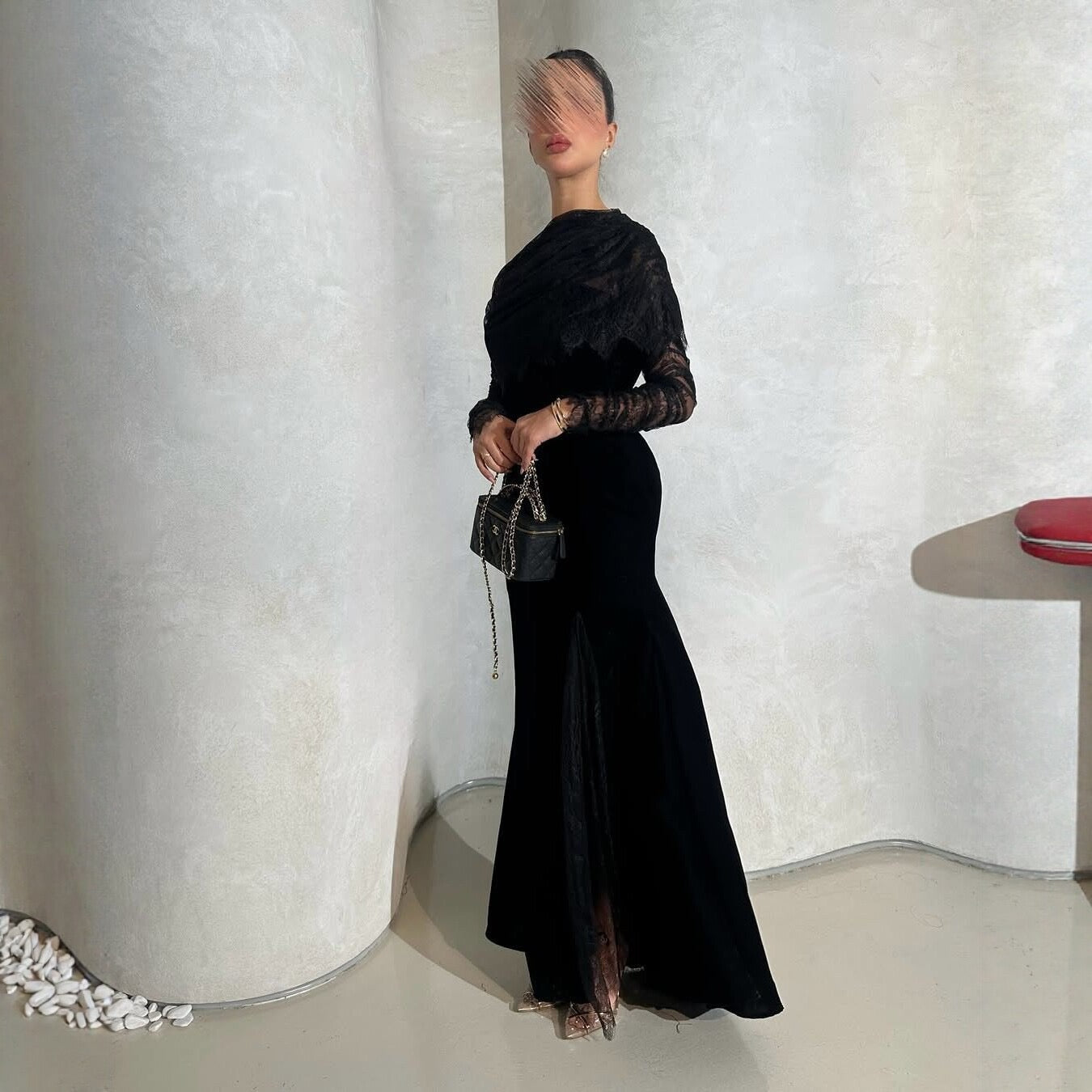 The Textured Lace & Velvet Column Gown Dress