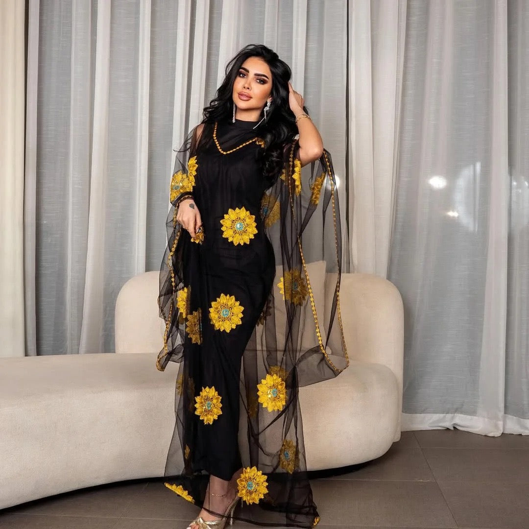 The Sunflower-Embellished Abaya Ensemble Dress