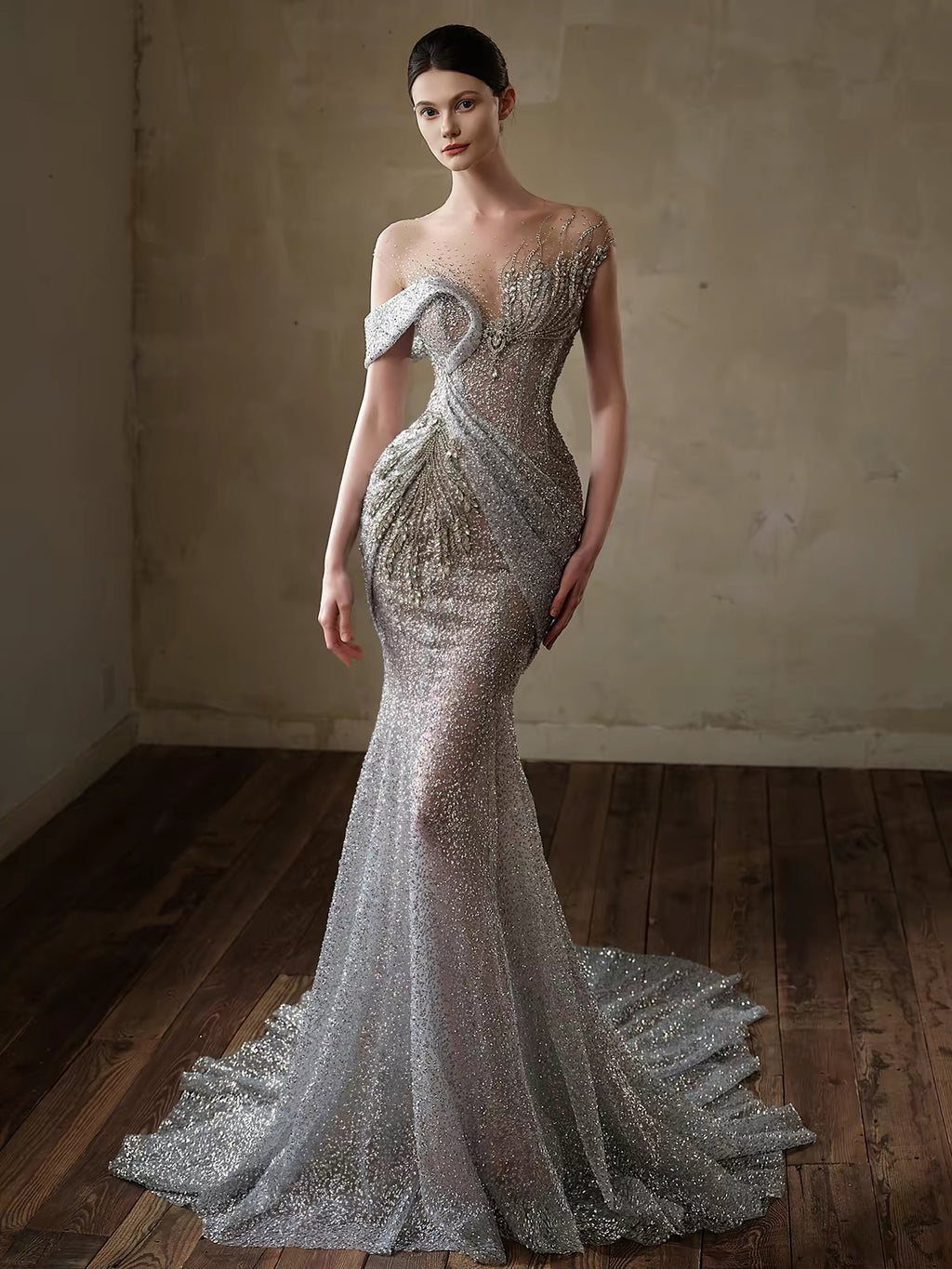 Semi-Sheer Pearl Basque Ball Gown