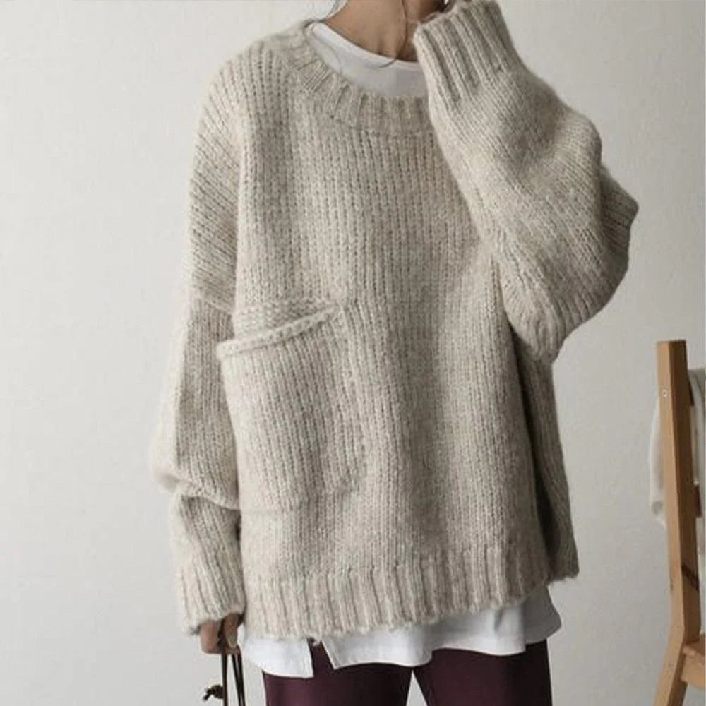 Oversized Chunky Ribbed Sweater with Patch Pocket