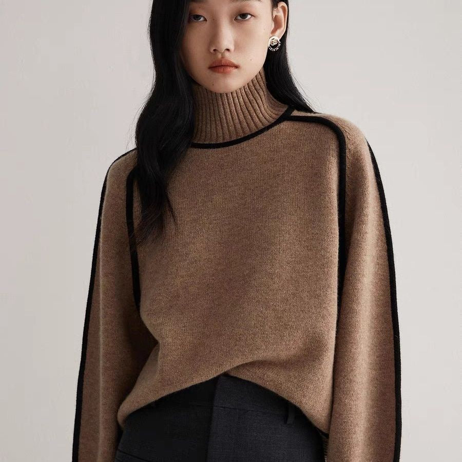 Title: Minimalist Chunky Turtleneck Knit Sweater | Bold Contrast Piping (Cream, Grey, Taupe)