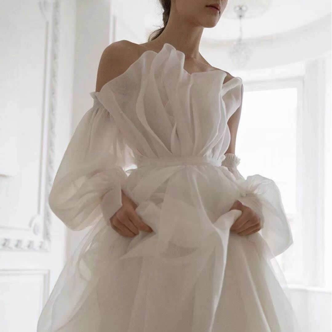 White Sculptural Off-the-Shoulder Gown Dress