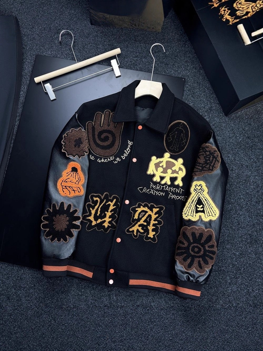 Abstract Multi-Patch Graphic Varsity Jacket