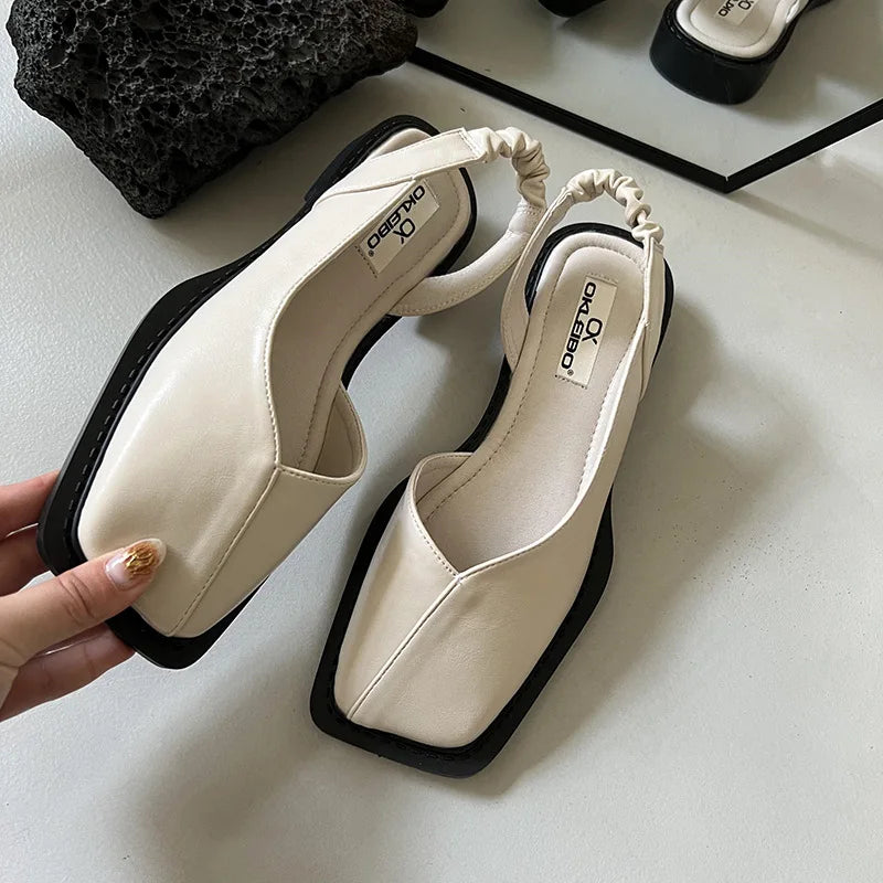 Minimalist Square-Toe Ruched Slingback Flats
