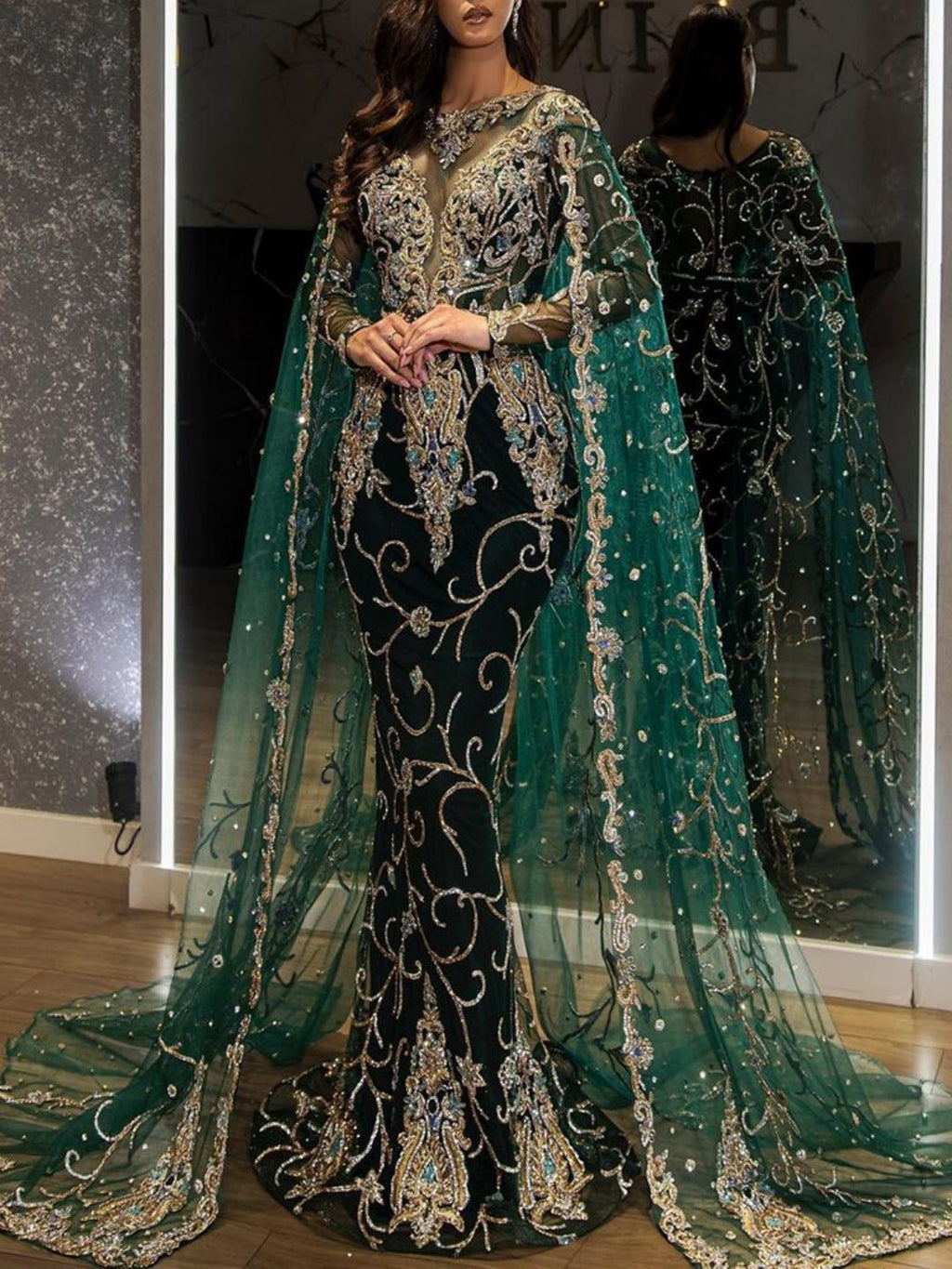 The Emerald & Gold Embroidered Royal Gown Dress