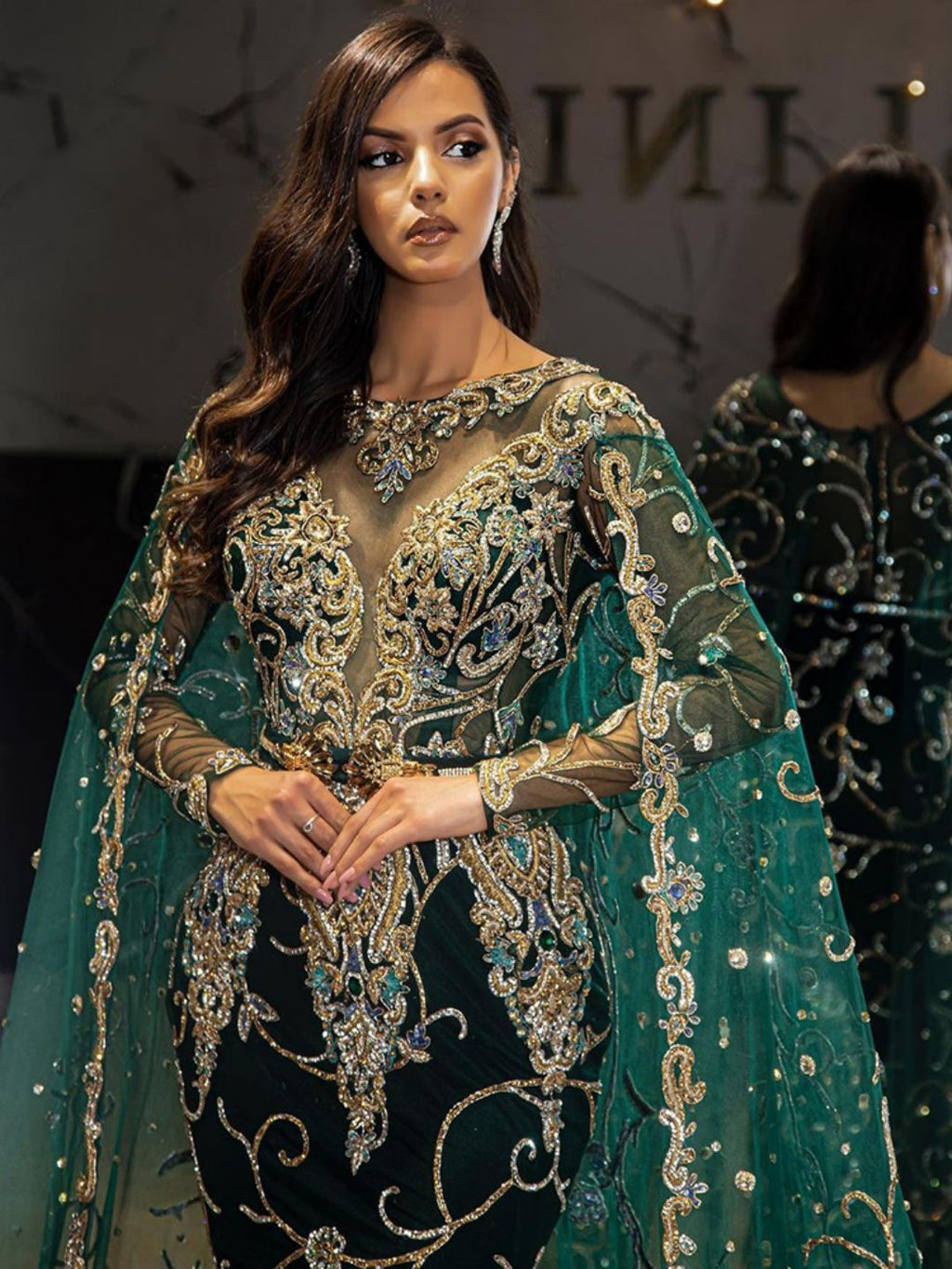The Emerald & Gold Embroidered Royal Gown Dress