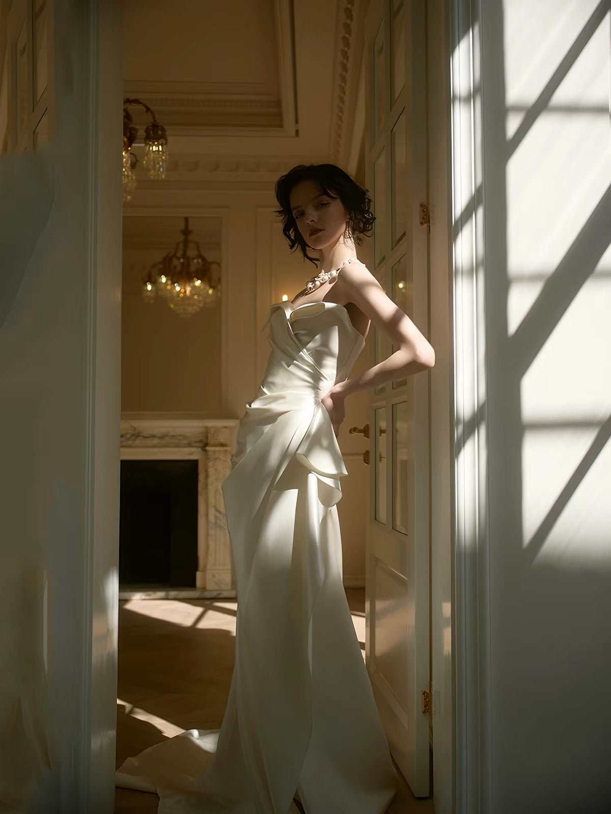 Avant-Garde Satin Mermaid with Statement Sleeves Dress
