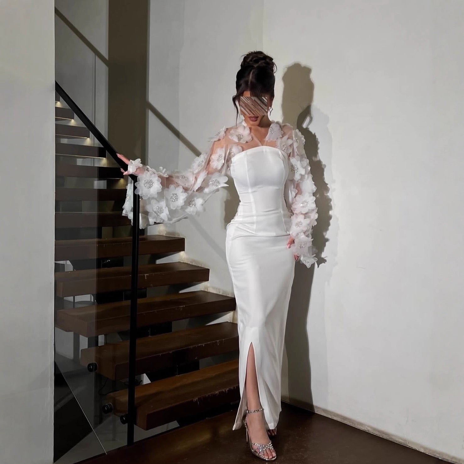 The Ivory Column Gown with Floral Appliqué Sleeve Dress