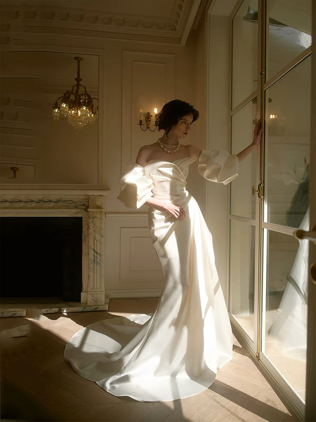 Avant-Garde Satin Mermaid with Statement Sleeves Dress