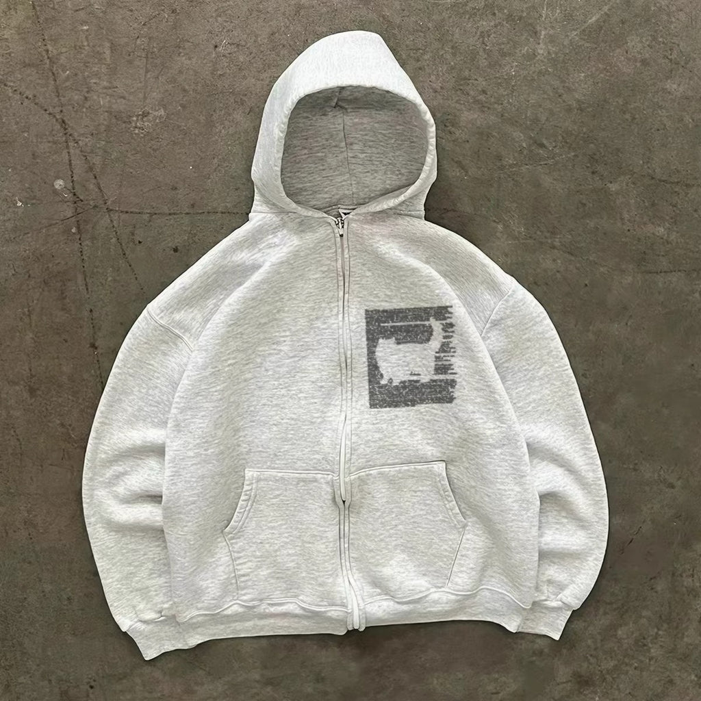 Washed Graphic Zip-Up Hoodie