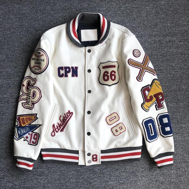 All-White Full-Leather Retro Varsity Jacket