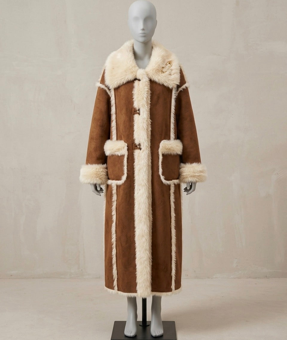 Statement Paneled Chestnut Shearling Maxi Coat