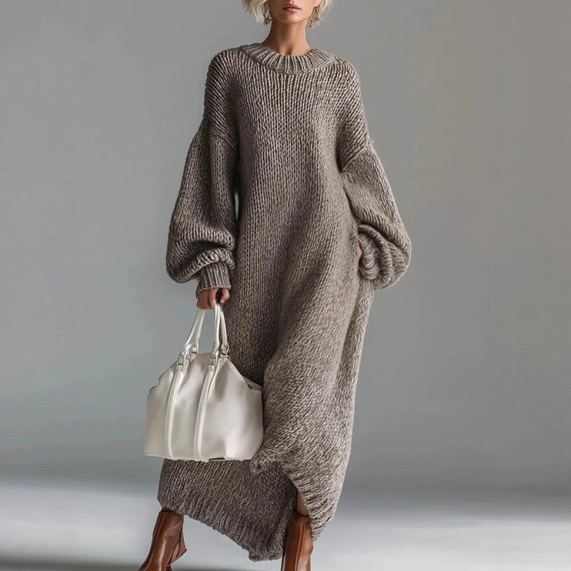 Oversized Balloon-Sleeve Maxi Knit Dress | Heavyweight Bouclé Texture