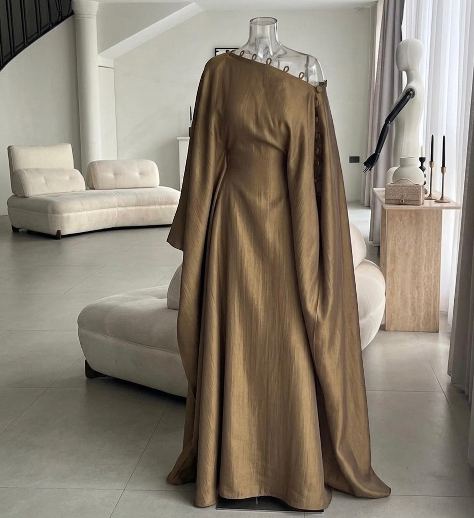 The Olive Silk Asymmetric Caftan Gown Dress