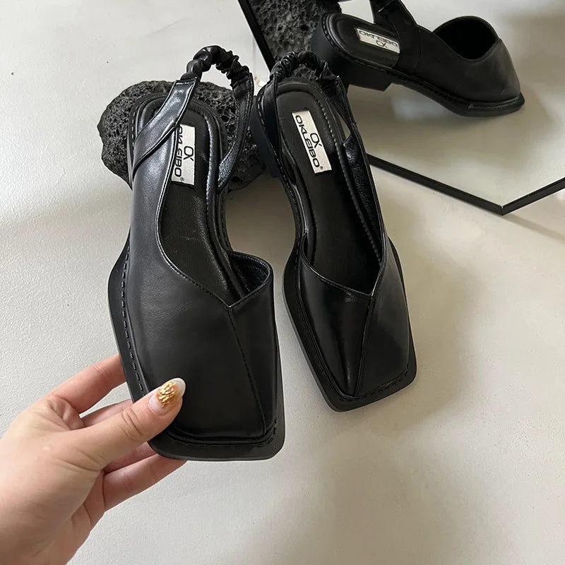 Minimalist Square-Toe Ruched Slingback Flats
