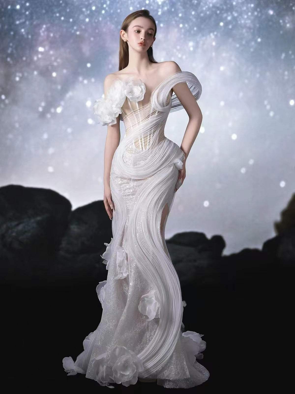 Ethereal Ripple Trumpet Gown Wedding Dress