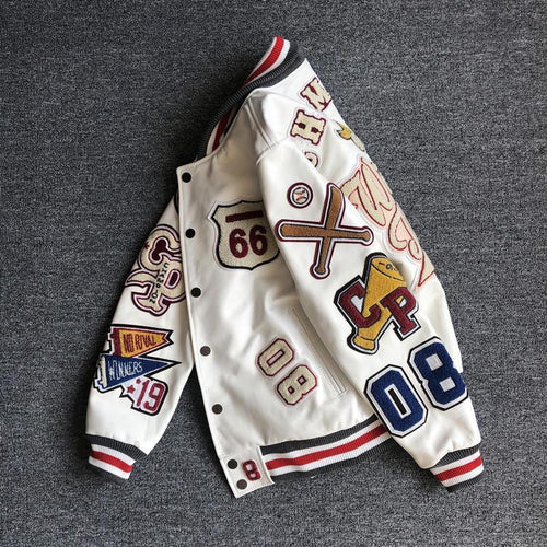 All-White Full-Leather Retro Varsity Jacket