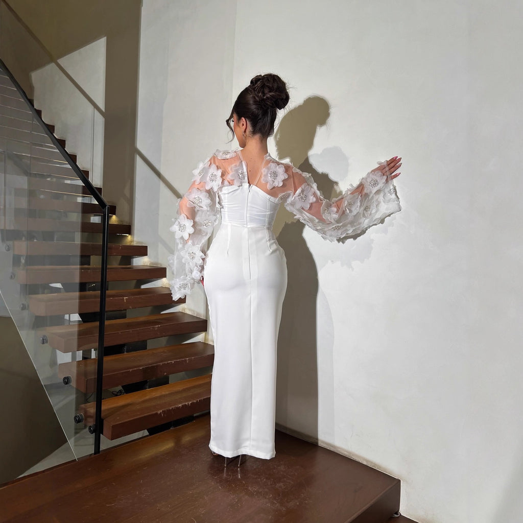 The Ivory Column Gown with Floral Appliqué Sleeve Dress