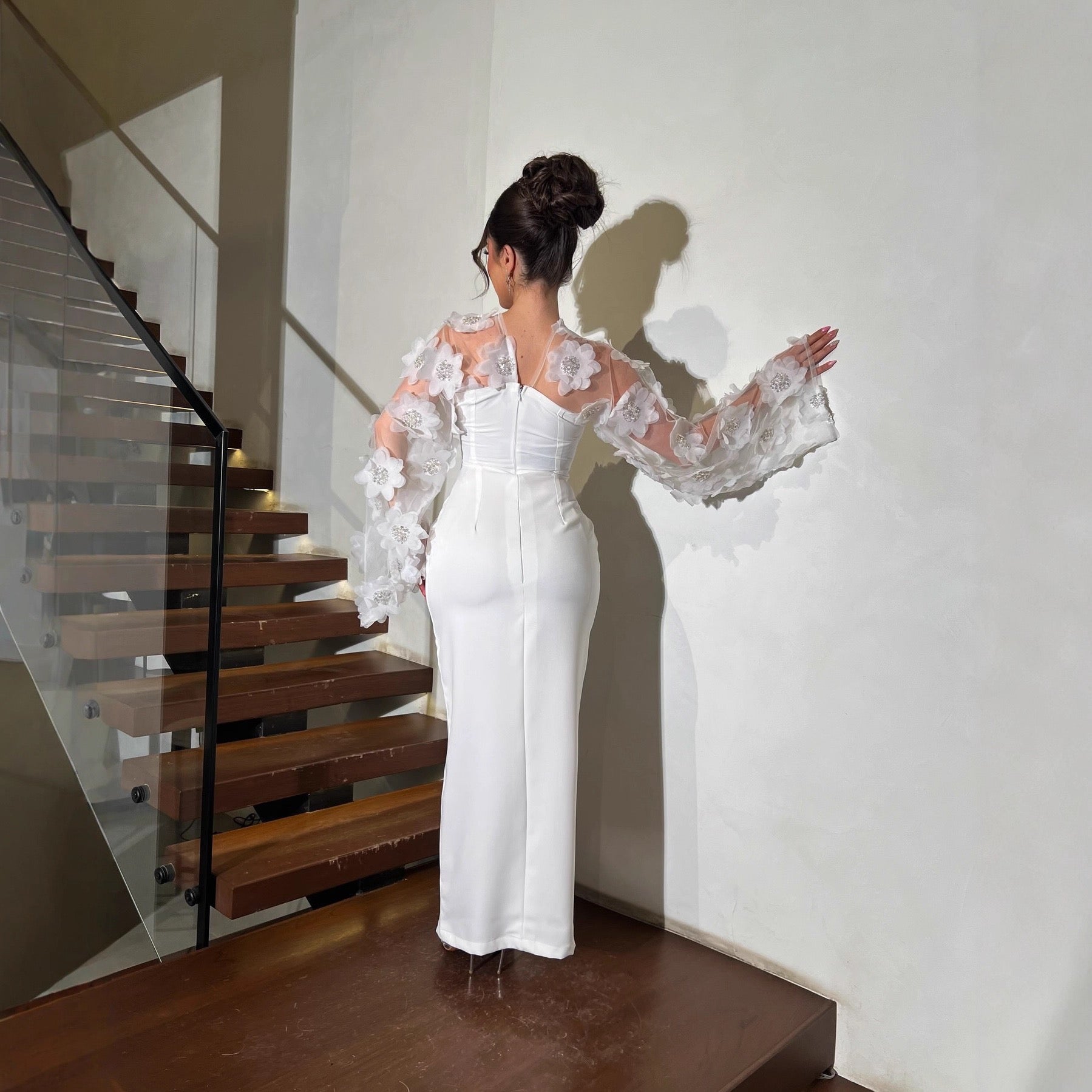 The Ivory Column Gown with Floral Appliqué Sleeve Dress