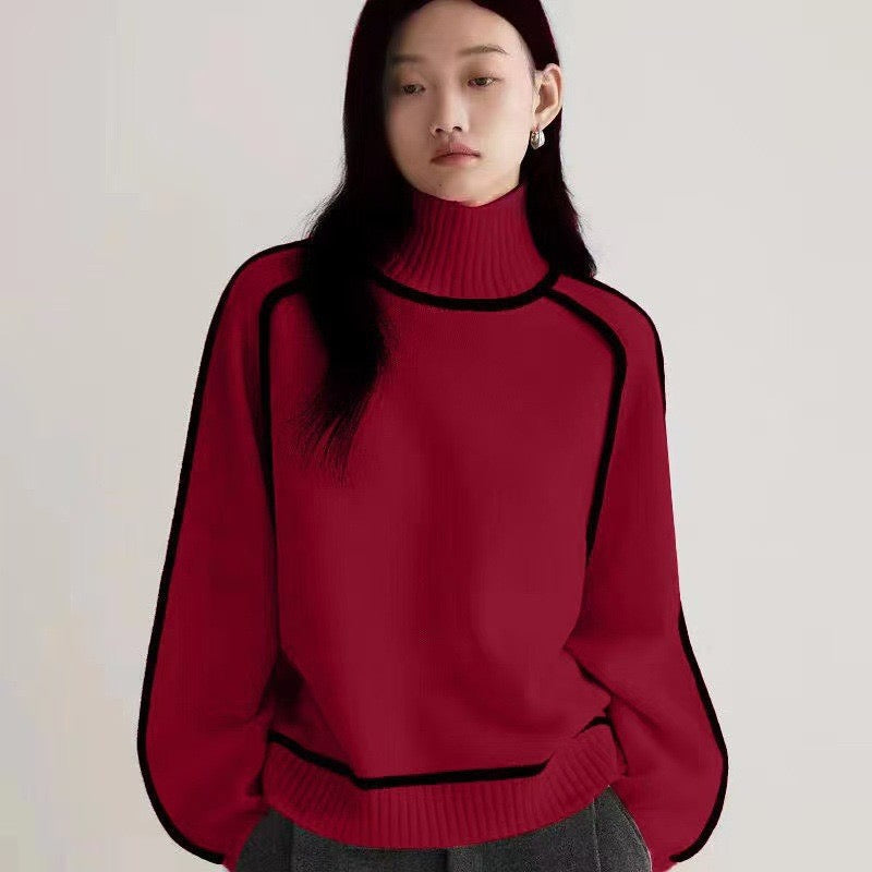 Title: Minimalist Chunky Turtleneck Knit Sweater | Bold Contrast Piping (Cream, Grey, Taupe)
