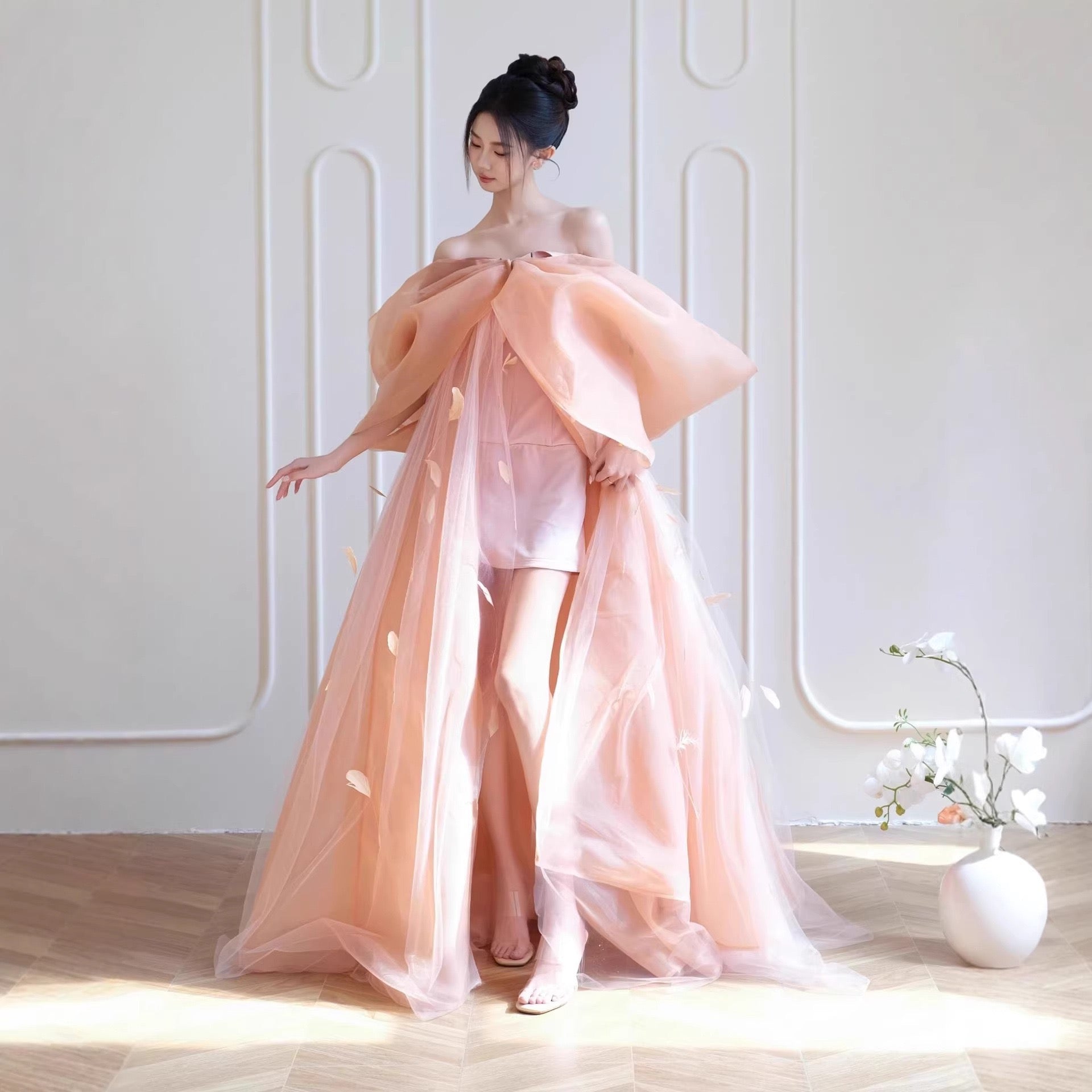 Peach Tulle Feather-Detailed Gown