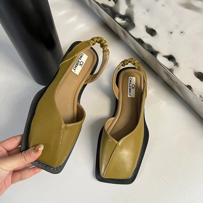 Minimalist Square-Toe Ruched Slingback Flats