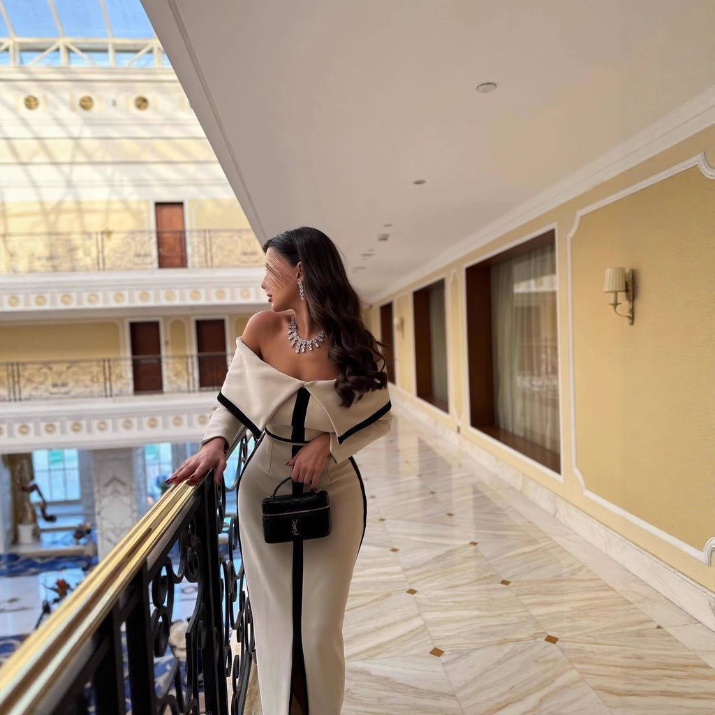 The Cream & Black Off-the-Shoulder Tuxedo Gown Dress