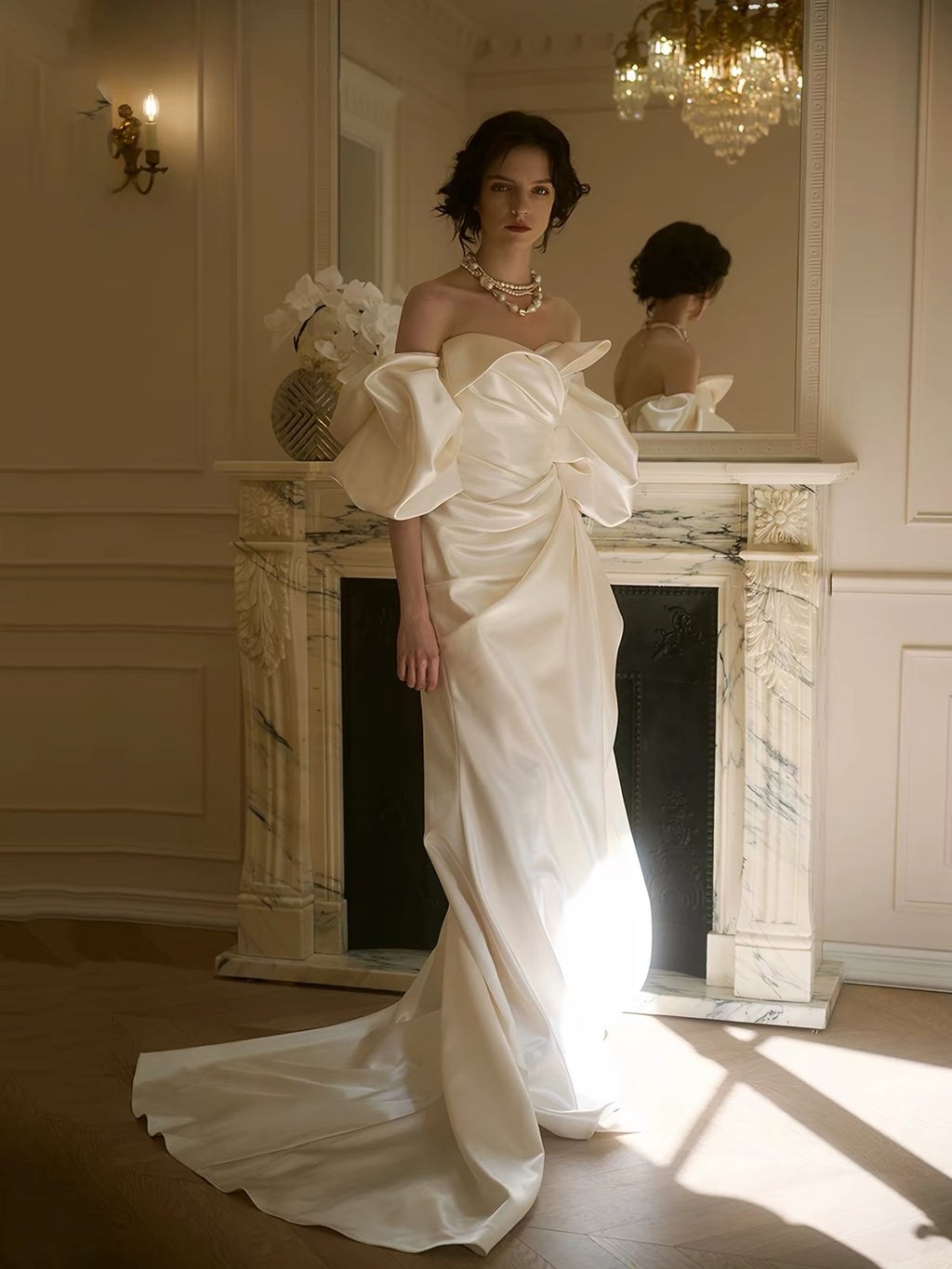Avant-Garde Satin Mermaid with Statement Sleeves Dress