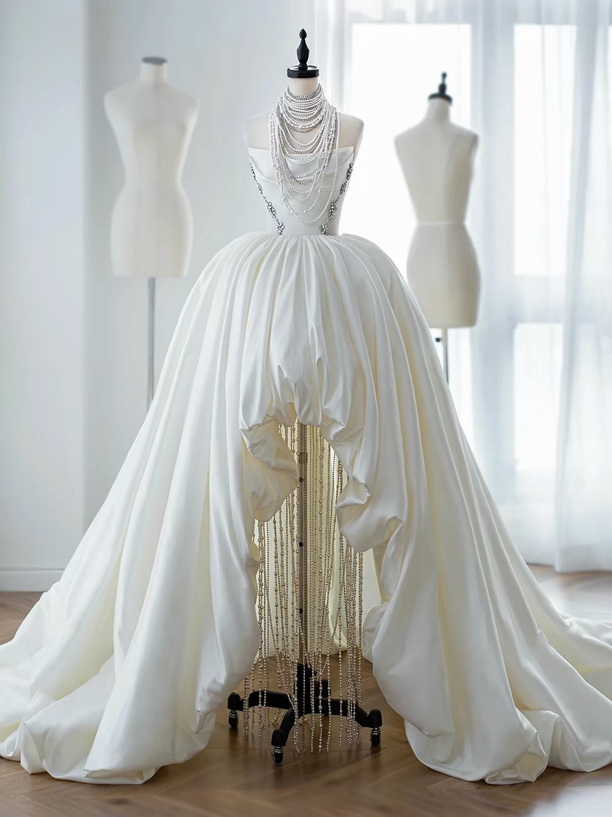 High-Low Bubble Ball Gown with Pearl Fringe Dress