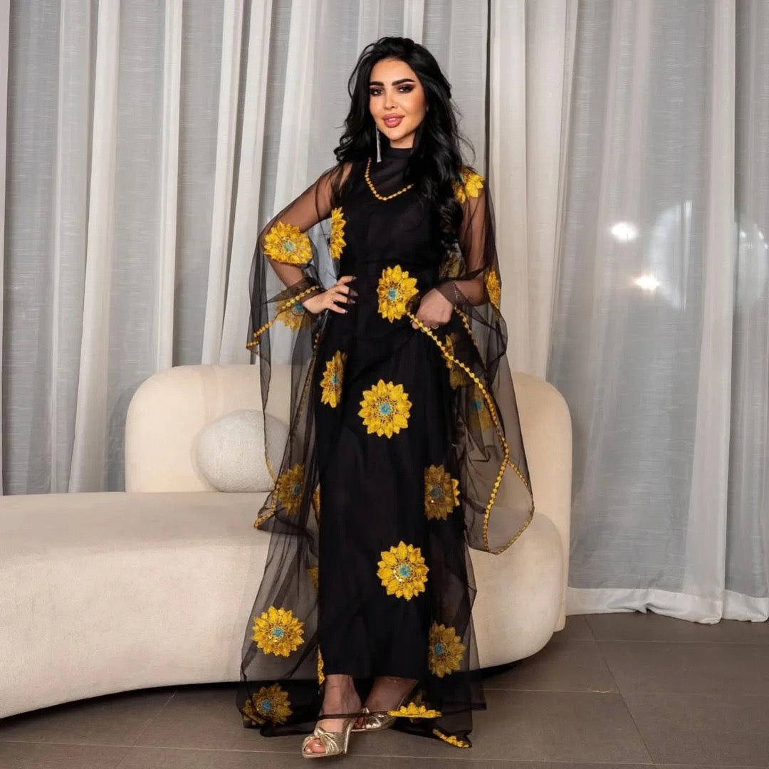 The Sunflower-Embellished Abaya Ensemble Dress