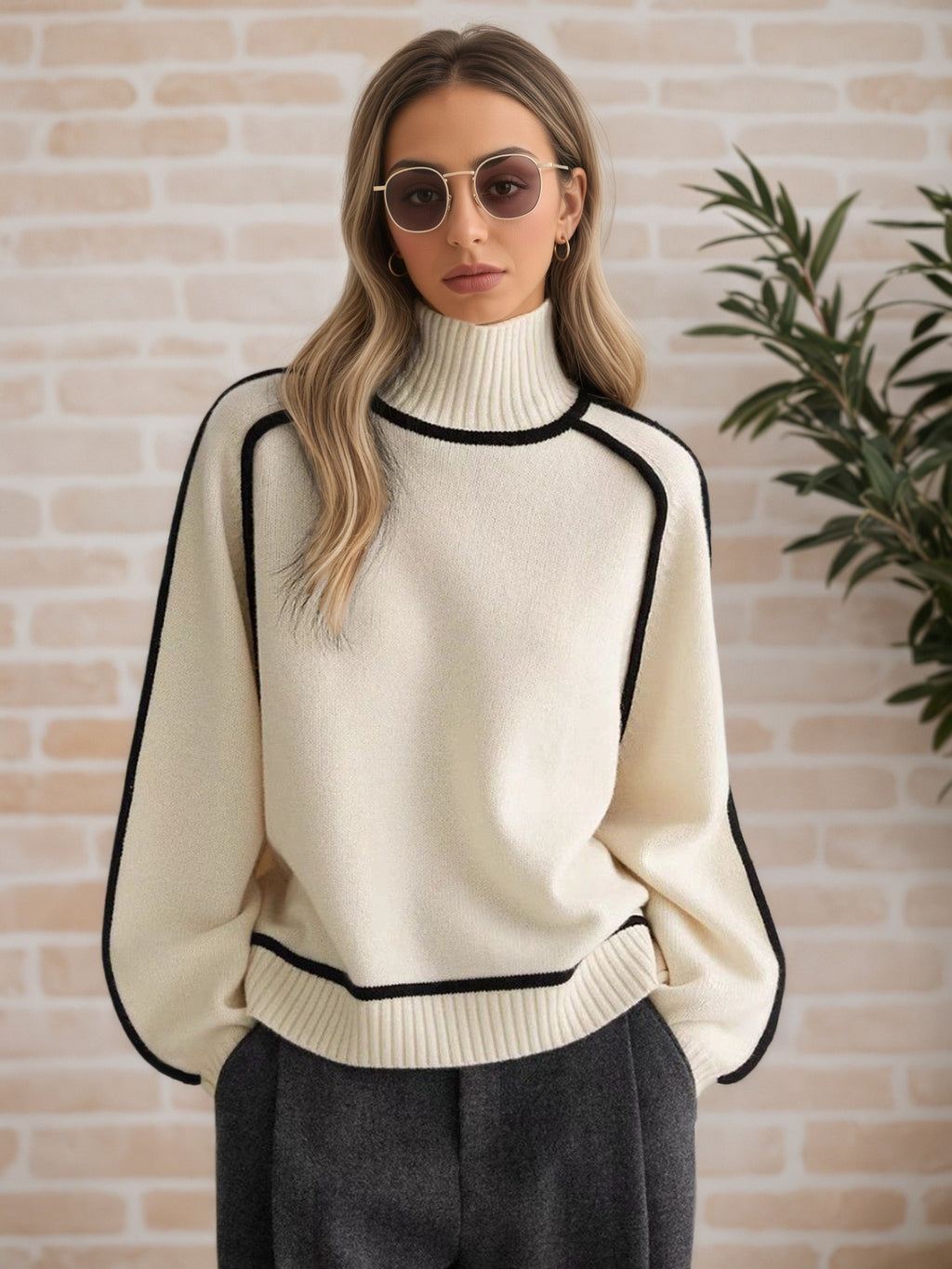 Title: Minimalist Chunky Turtleneck Knit Sweater | Bold Contrast Piping (Cream, Grey, Taupe)