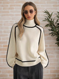 Title: Minimalist Chunky Turtleneck Knit Sweater | Bold Contrast Piping (Cream, Grey, Taupe)