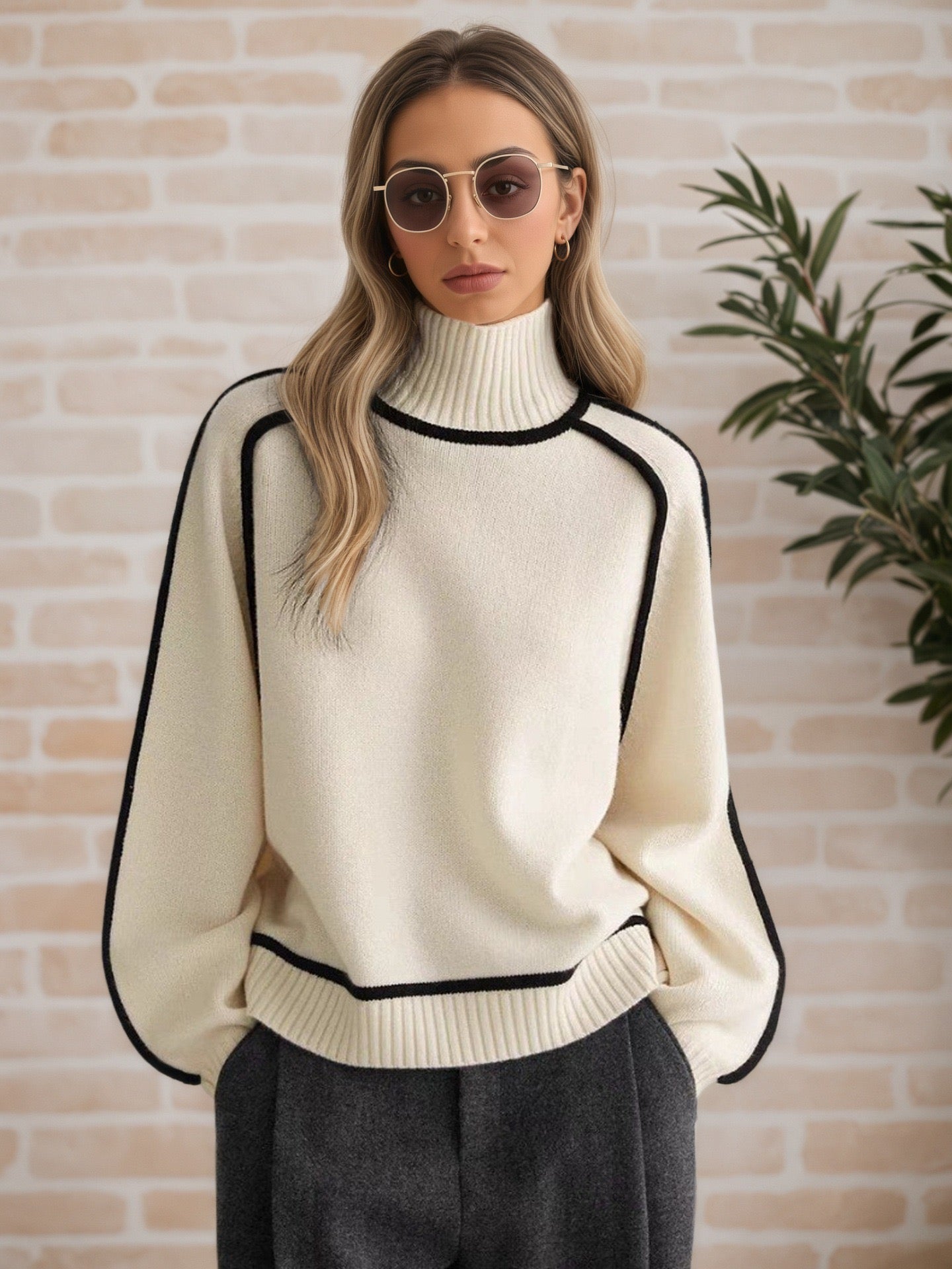 Title: Minimalist Chunky Turtleneck Knit Sweater | Bold Contrast Piping (Cream, Grey, Taupe)