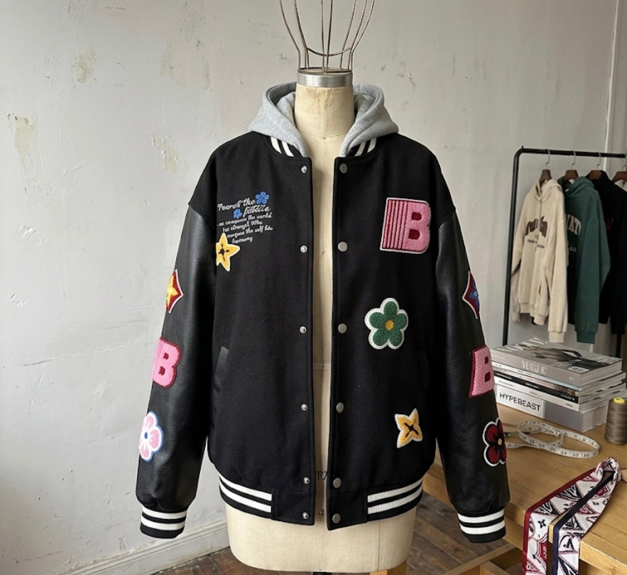 Pop-Art Floral Varsity Jacket (Black & Leather)