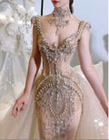 Embroidered Drop-Waist Off-the-Shoulder Mermaid Dress