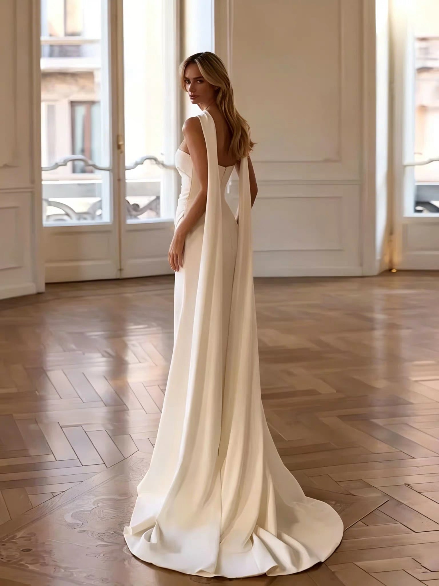 Minimalist Column Gown with Scarf-Cape Dress