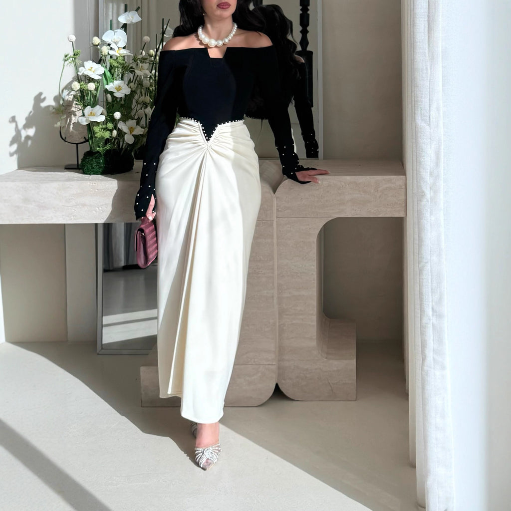 The Monochrome Pearl-Accent Maxi Ensemble Dress
