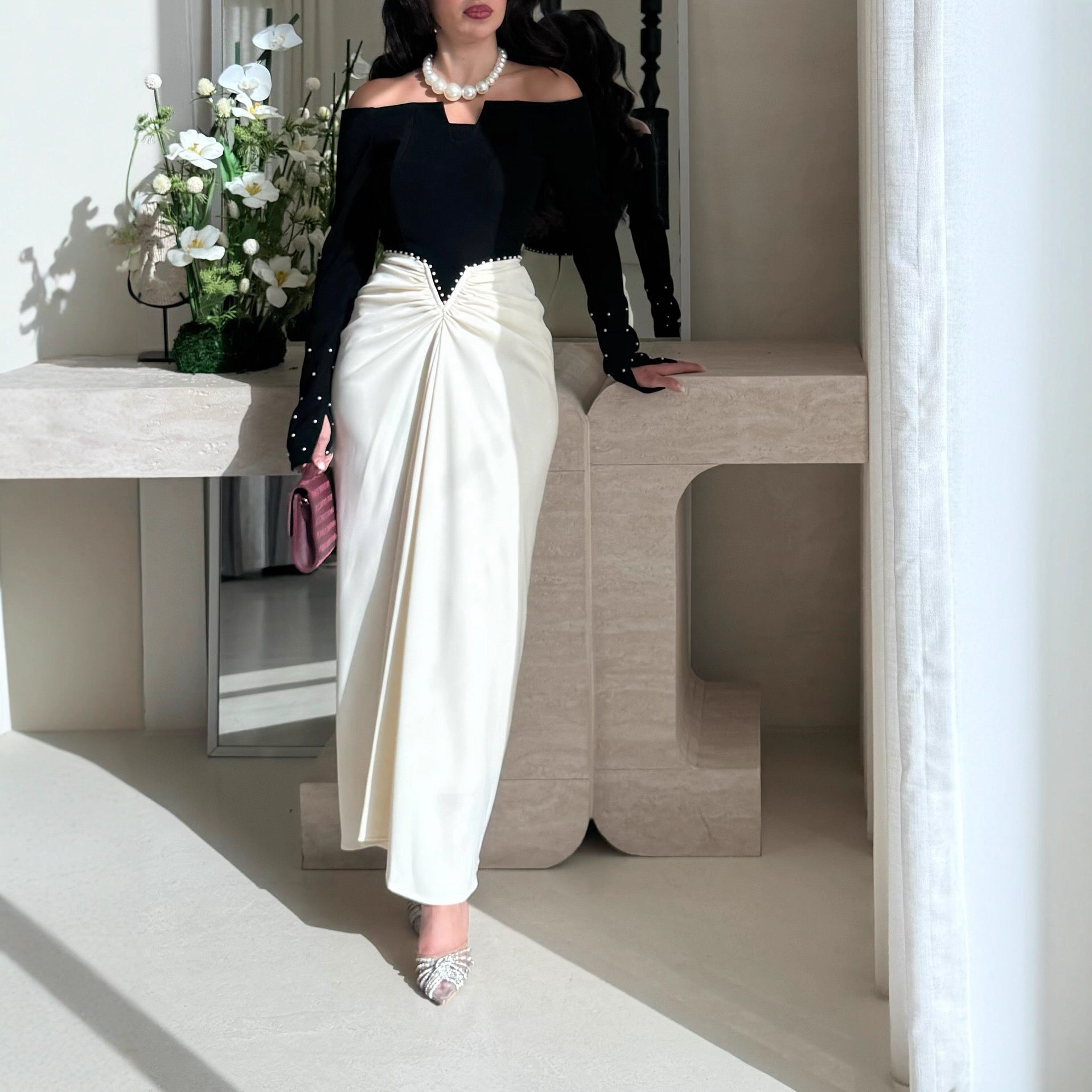 The Monochrome Pearl-Accent Maxi Ensemble Dress