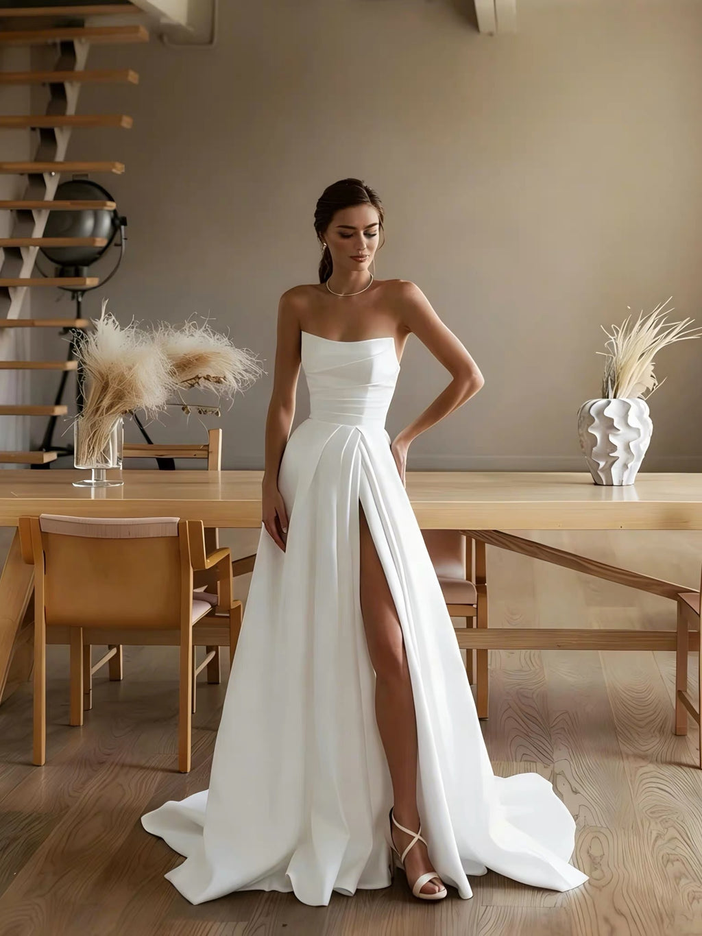 Modern Strapless A-Line with High Slit Dress