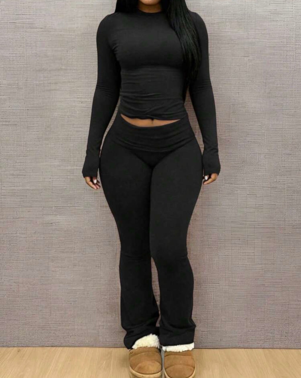 Fitted Ribbed Black Lounge Set