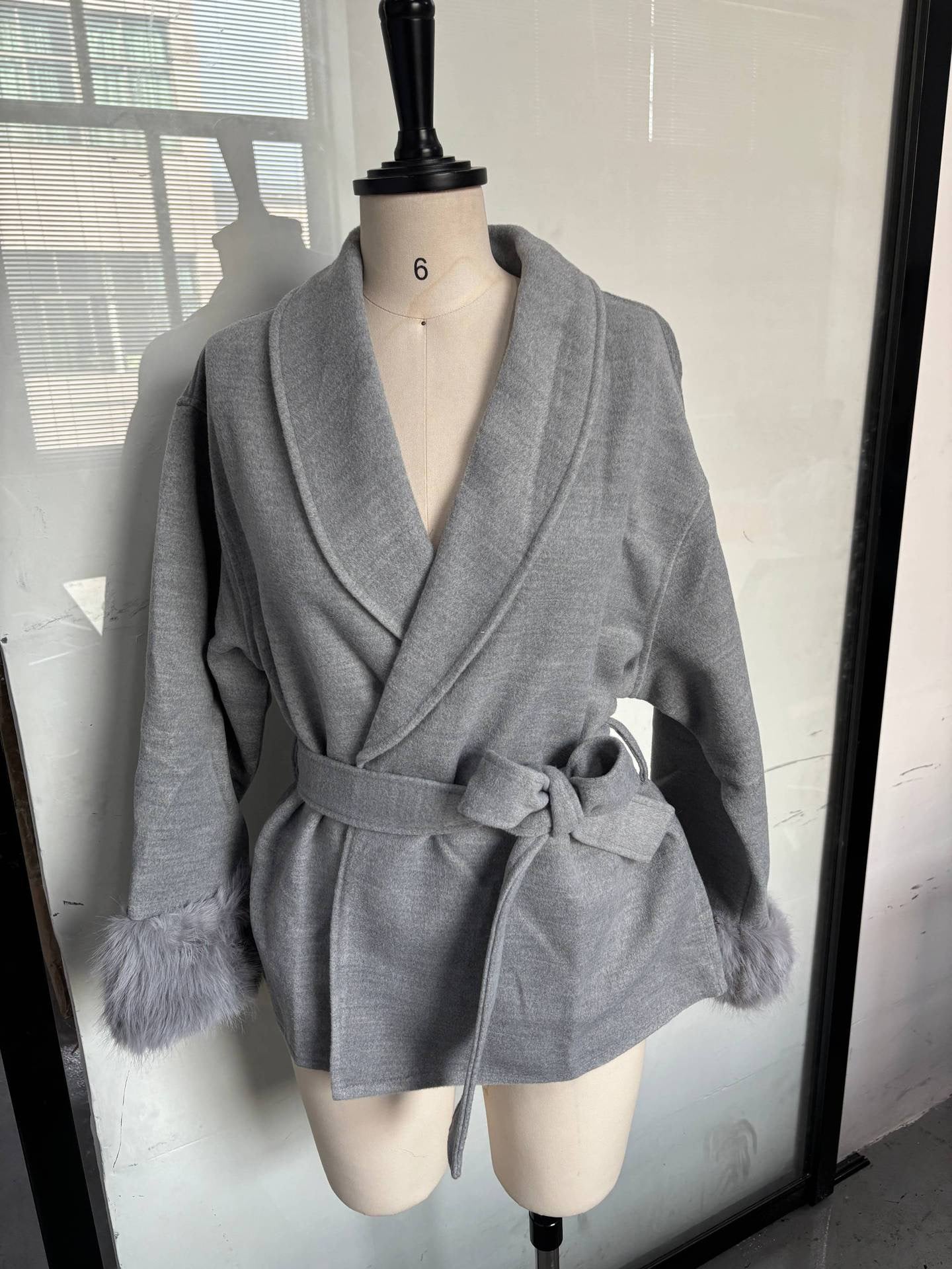 Grey Wool-Blend Wrap Jacket