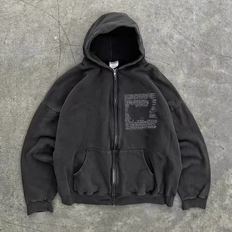 Washed Graphic Zip-Up Hoodie