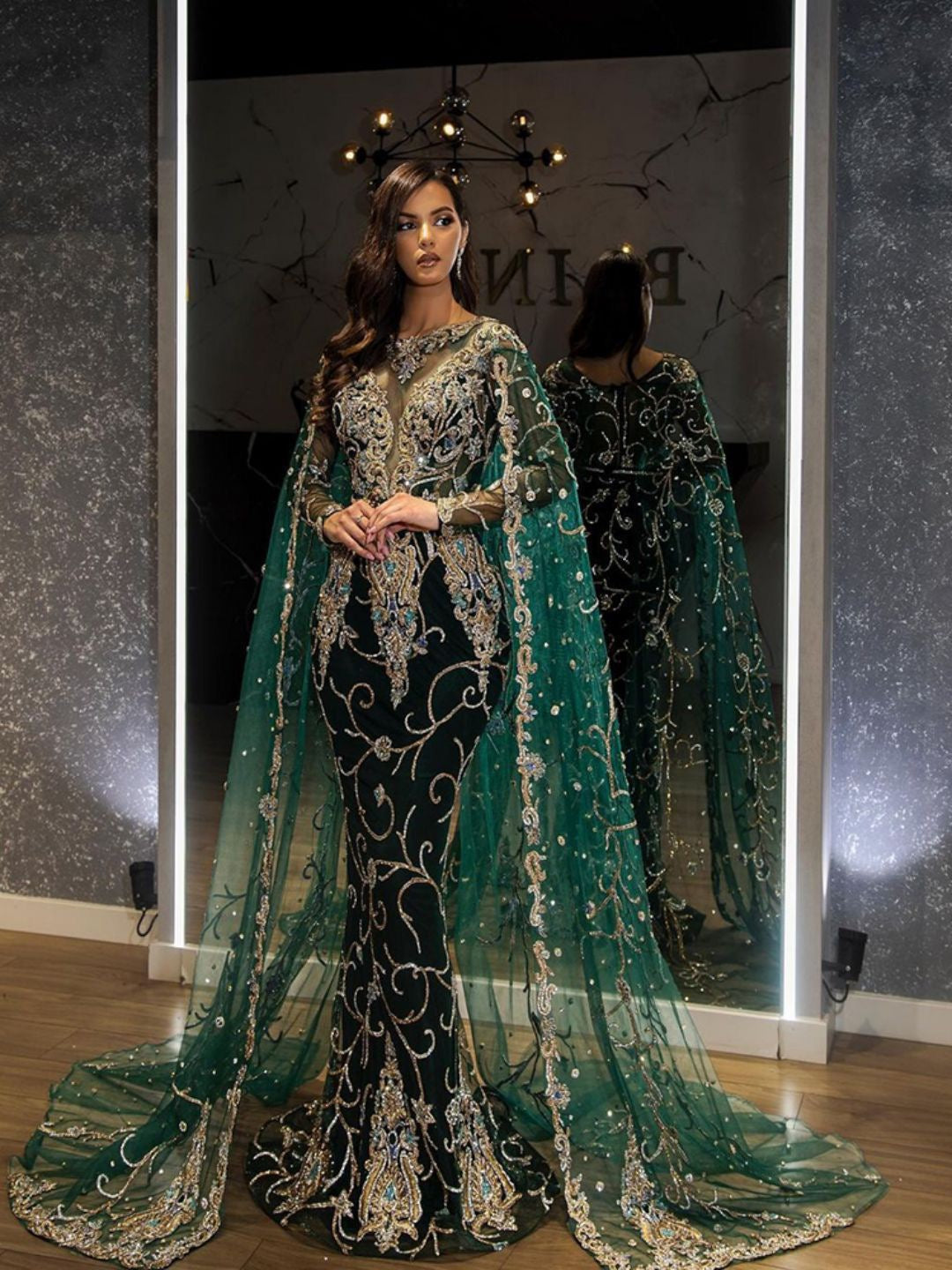 The Emerald & Gold Embroidered Royal Gown Dress