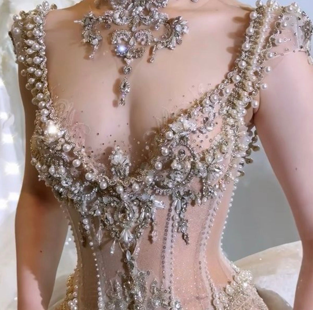 Embroidered Drop-Waist Off-the-Shoulder Mermaid Dress