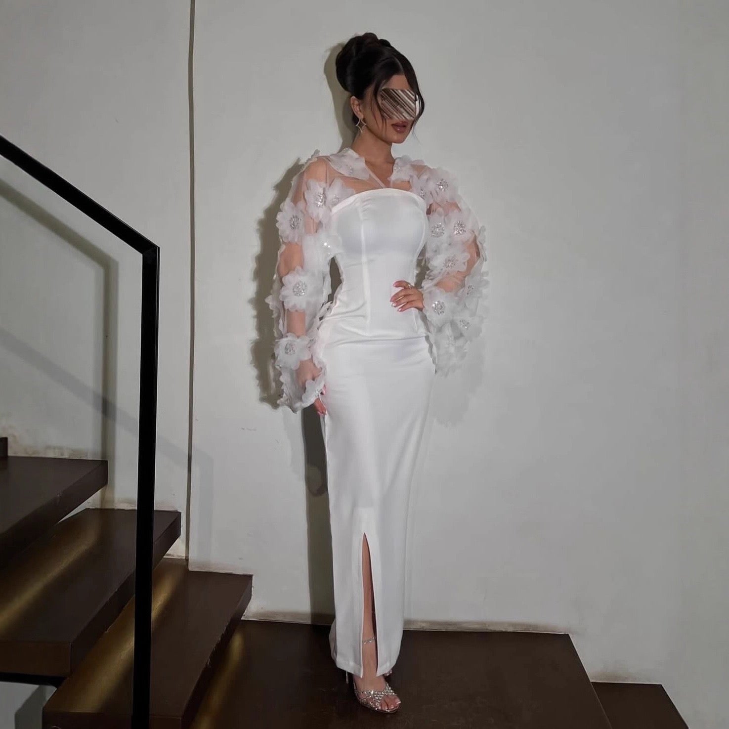 The Ivory Column Gown with Floral Appliqué Sleeve Dress