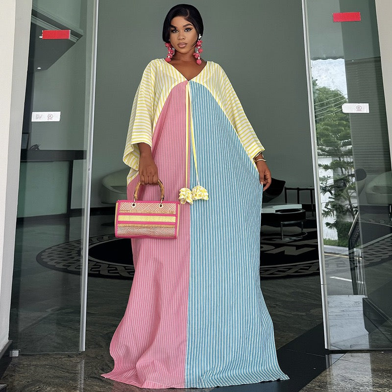 Blue & Pink Striped Kaftan Dress